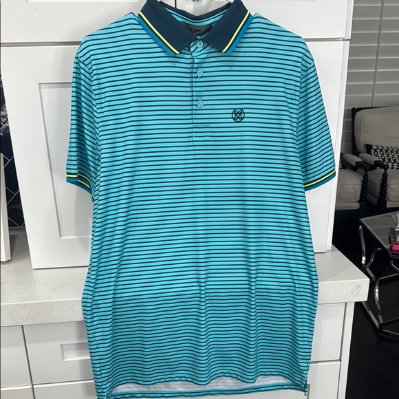 G/FORE Teal and Navy Striped Polo Shirt - Picture 1 of 3